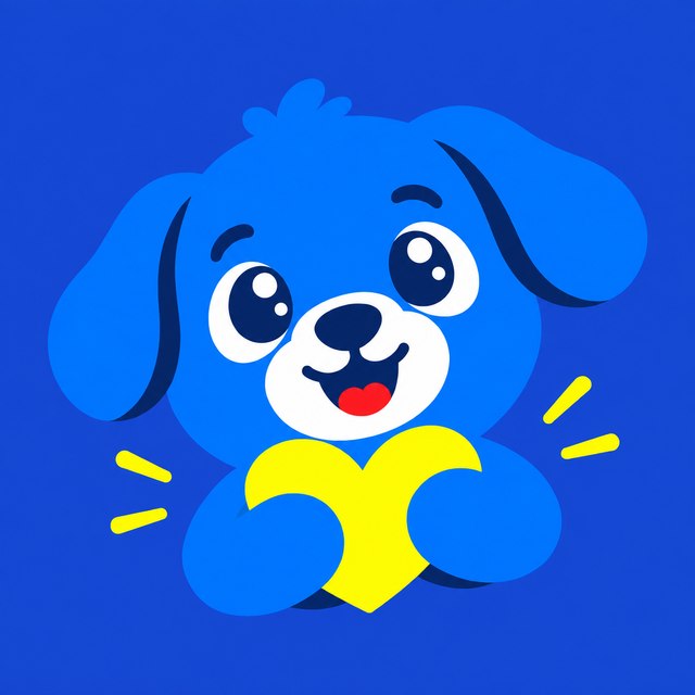 PetFOMO blue puppy with big white eyes holding a yellow heart